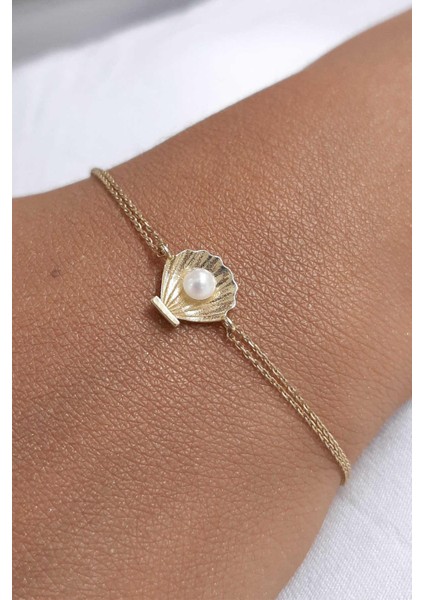 14 Ayar Altın Geniş İstiridye İncili Bileklik modelleri