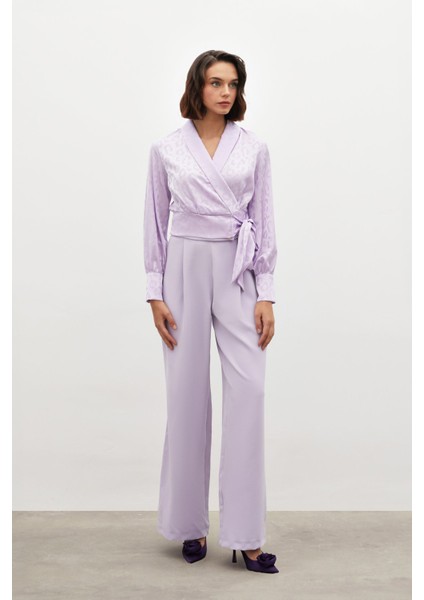 Yan Kuşaklı Saten Bluz - Lila fiyatları
