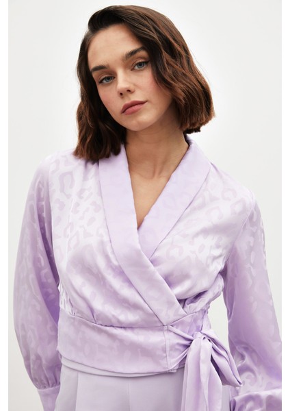 Yan Kuşaklı Saten Bluz - Lila modelleri