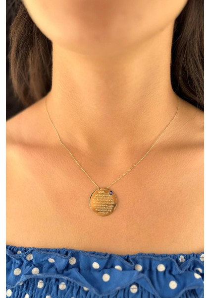 14 Ayar Altın Nazarlık Kolye Ayetel Kürsi Yazılı Kolye 26 mm