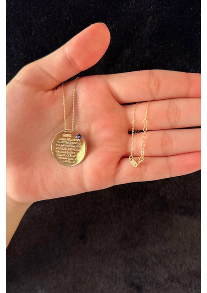 14 Ayar Altın Nazarlık Kolye Ayetel Kürsi Yazılı Kolye 26 mm modelleri