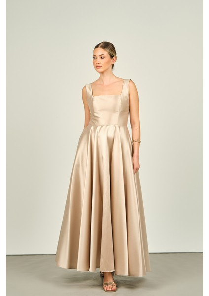 Kadın Kare Yaka Kalın Askılı Bilek Boy Saten Abiye Elbise 6098 Bej