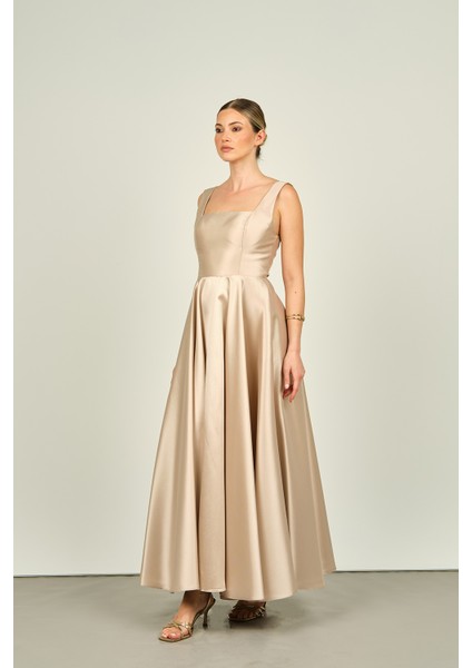 Kadın Kare Yaka Kalın Askılı Bilek Boy Saten Abiye Elbise 6098 Bej fiyatları