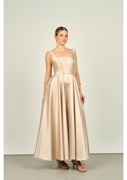 Kadın Kare Yaka Kalın Askılı Bilek Boy Saten Abiye Elbise 6098 Bej modelleri