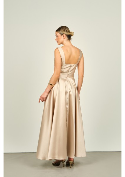 Kadın Kare Yaka Kalın Askılı Bilek Boy Saten Abiye Elbise 6098 Bej fırsatları