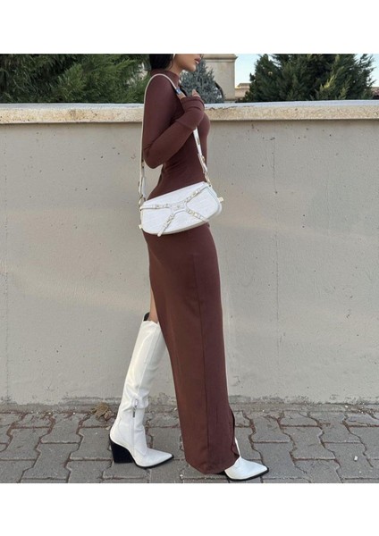 Kadın Siyah Dik Yaka Derin Yırtmaçlı Fitilli Esnek Uzun Kollu Maxi Uzun Elbise Günlük Uzun Elbise indirimleri