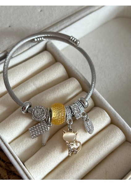 Zirkon Taşlı Kedi Charm Bileklik Pndr Bileklik 316L Çelik Paslanmaz