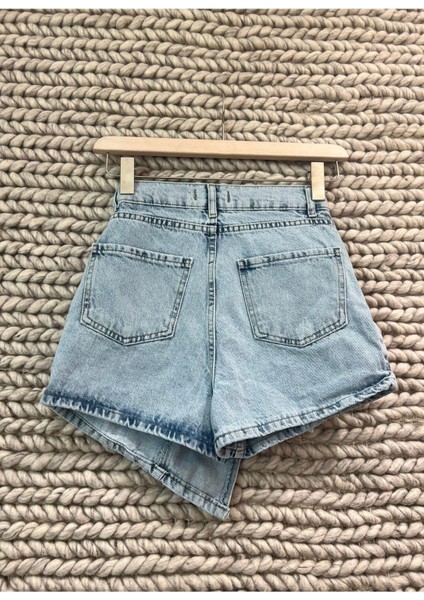 Kadın Mavi Yandan Bağlamalı Kapaklı Denim Şort Etek %100 Pamuk Kot Yeni Sezon Jean Mini Şort Etek fırsatları