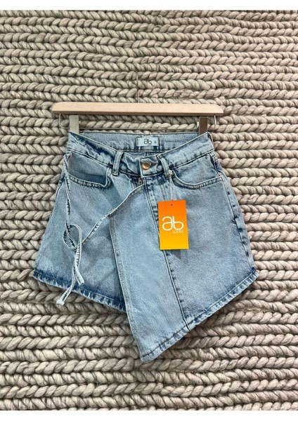 AB Looks Kadın Mavi Yandan Bağlamalı Kapaklı Denim Şort Etek %100 Pamuk Kot Yeni Sezon Jean Mini Şort Etek