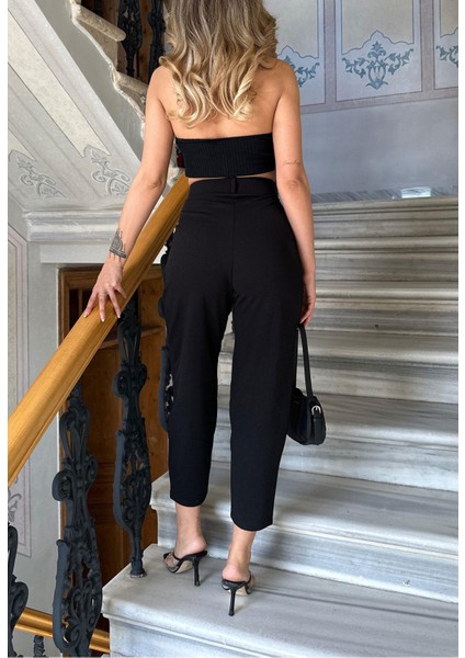 Kadın Siyah Yüksek Bel Çift Düğmeli Full Likralı Mom Pantolon Jogger Şalvar Model Kumaş Pantolon