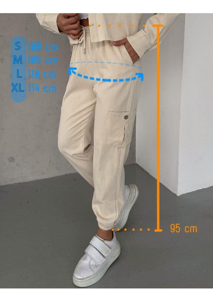 Kadın Krem Ekru Yüksek Bel Kargo Cepli Paçası Beli Lastikli Ipli Rahat Kesim Jogger Keten Pantolon modelleri