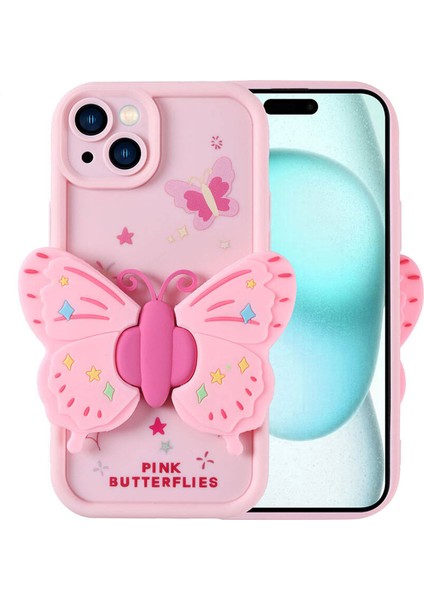 iPhone 15 ile Uyumlu Butterfly Serisi 3D Kelebek Figür Tasarımlı Silikon Kılıf