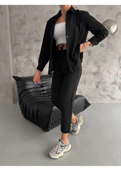 Kadın Siyah Oversize Keten Gömlek ve Pantolon Ikili Takım Yeni Sezon Keten Alt Üst Takım modelleri