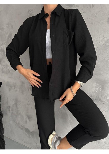 Kadın Siyah Oversize Keten Gömlek ve Pantolon Ikili Takım Yeni Sezon Keten Alt Üst Takım indirimleri