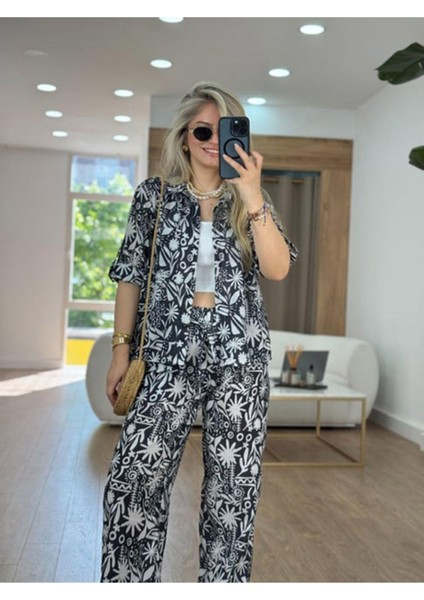 Kadın Siyah Etnik Desenli Keten Gömlek Pantolon Ikili Takım Yazlık Oversize Keten Alt Üst Takım modelleri