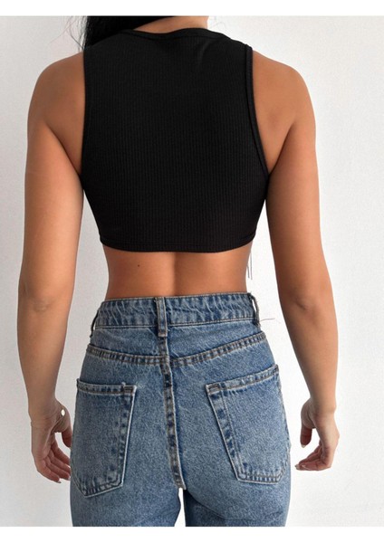 Wear And Wear Kadın Bisiklet Yaka Zincir Püsküllü Fitilli Askılı Crop Bluz