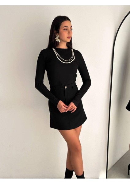 Kadın Siyah Esnek Fitilli Inci Taş Zincir 3 Kolyeli Uzun Kollu Crop Bluz Yakası Kolyeli Şık Bluz