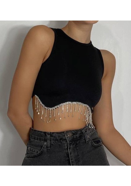 Wear And Wear Kadın Siyah Askılı Kolsuz Oval Kesim Beli Zincir Elmas Taş Detaylı Crop Kaşkorse Kumaş Bluz