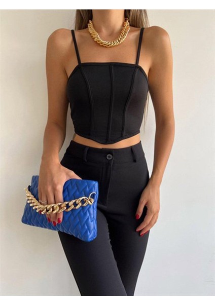 Wear And Wear Kadın Siyah Ip Askılı Biyeli Korse Detay Fermuarlı Crop Bluz