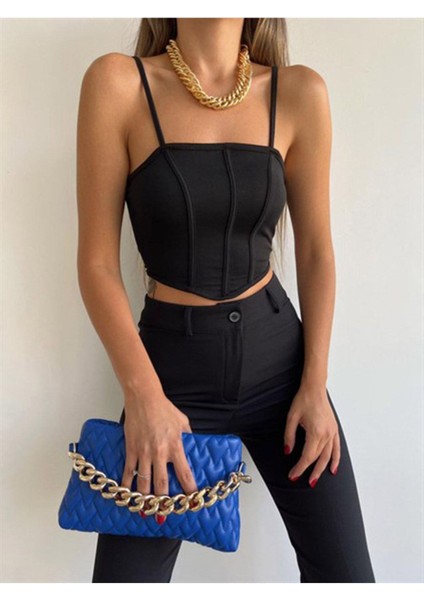 Wear And Wear Kadın Siyah Ip Askılı Biyeli Korse Detay Fermuarlı Crop Bluz