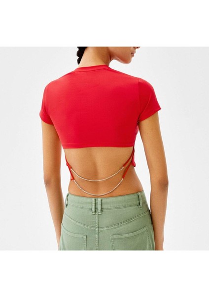 Wear And Wear Kadın Kırmızı Sırt Dekolteli Beli Taşlı Asimetrik Kesim Kısa Kollu Crop Bluz