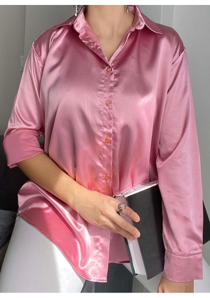 AB Looks Kadın Pembe Oversize Düğmeli Parlak Saten Gömlek