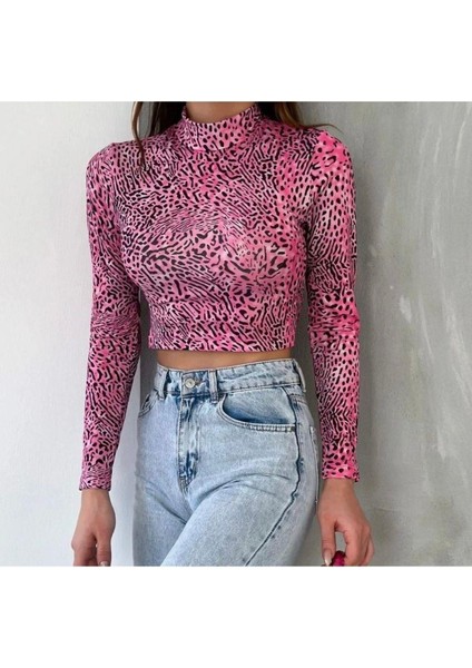 Wear And Wear Kadın Pembe Leopar Desenli Dik Yaka Sandy Uzun Kollu Crop Bluz