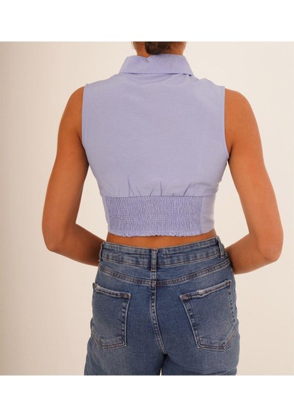 Wear And Wear Kadın Açık Mavi Sıfır Kol Beli Gipe Lastikli Korseli Poplin Balenli Kolsuz Crop Gömlek