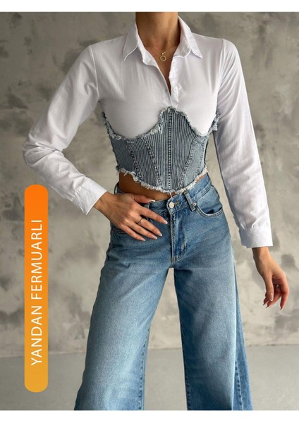 AB Looks Kadın Çizgili Beyaz Mavi Korse Detaylı Denim Gömlek Kot Detaylı Uzun Kollu Jean Gömlek