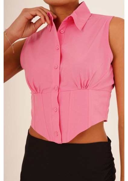 Wear And Wear Kadın Pembe Sıfır Kol Beli Gipe Lastikli Korseli Poplin Balenli Kolsuz Crop Gömlek