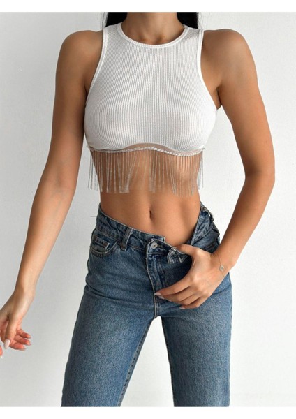 Wear And Wear Kadın Bisiklet Yaka Zincir Püsküllü Fitilli Askılı Crop Bluz