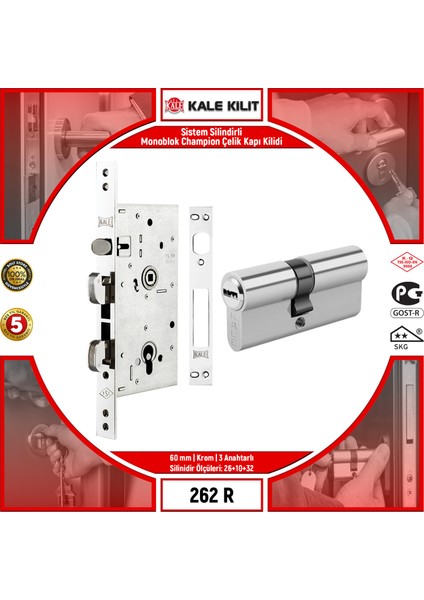 Sistem Silindirli Monoblok Champion Çelik Kapı Kilidi 262 R 60 mm Krom 3 Anahtarlı 262R0000004