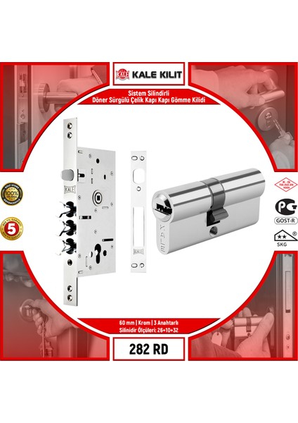 Sistem Silindirli Döner Sürgülü Çelik Kapı Kapı Gömme Kilidi 282 Rd 60 mm Krom 3 Anahtarlı 282RD000009