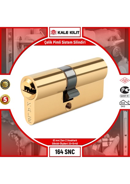 Çelik Pimli Sistem Silindir 164 Snc 83 mm Sarı 3 Anahtarlı 164SNC00011