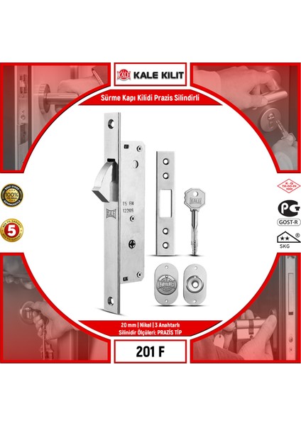 Sürme Kapı Kilidi Prazis Silindirli 201 F 20 mm Nikel 3 Anahtarlı 201F0000005