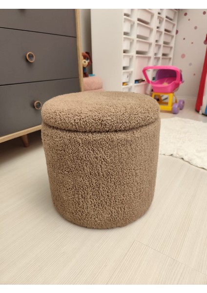 Hazine, Makyaj Masası Pufu ,sandıklu Çocuk Pufu , Yuvarlak Oyuncak Sepeti, Orjinal Teddy Kumaş 37 cm