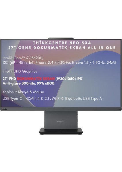 Thinkcentre Neo 50A 27 Gen 5 Intel Core I5 13420H 16GB 1tb SSD 27" Fhd Dokunmatik Ekran Windows 11 Pro All In One Bilgisayar 12SA0014TR Wo2