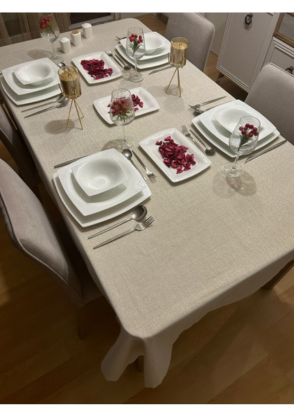 Meral Kurşun Collection Polyester Keten Simli Masa Örtüsü Gold