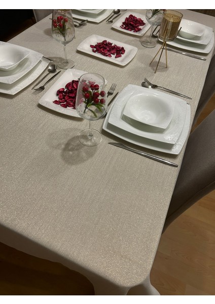 Meral Kurşun Collection Polyester Keten Simli Masa Örtüsü Gold