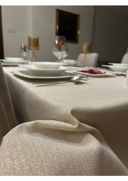 Meral Kurşun Collection Polyester Keten Simli Masa Örtüsü Gold