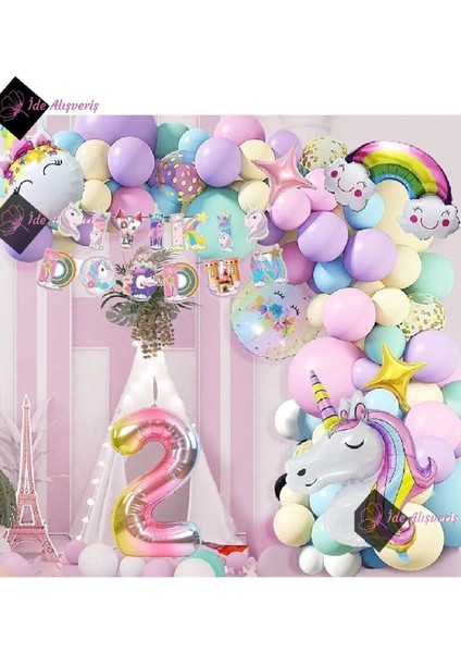 2 Yaş Karakterli Unicorn Temalı Iyi Ki Doğdun Makaron Balon Doğum Günü Parti Kutlama Seti fiyatları