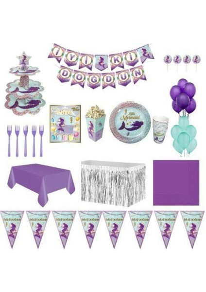 Deniz Kızı Lüks Doğum Günü Parti Malzemeleri Seti 16 Kişilik