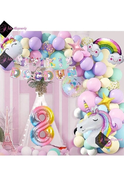 8 Yaş Karakterli Unicorn Temalı Iyi Ki Doğdun Makaron Balon Doğum Günü Parti Kutlama Seti