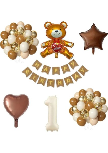 Kahverengi Kalp Ve Yıldızlı Ayıcıklı Doğum Günü Süsü Doğum Günü Parti Balon Seti