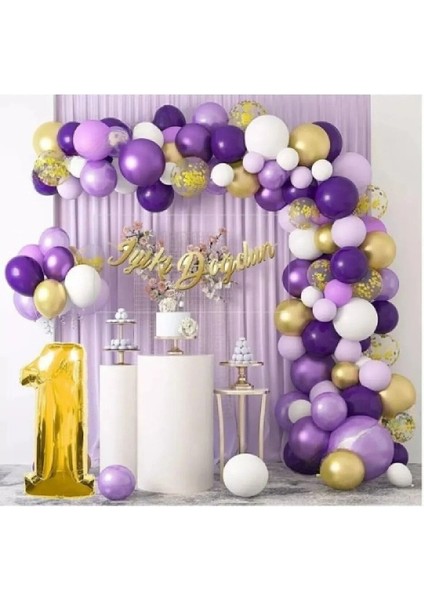 Pullu Balonlu 36 Cm 1 Yaş Macaron Mor Balon Zinciri Seti Gölge Mor Altın Balon Dekorasyon fiyatları