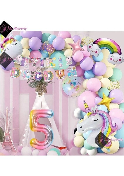 5 Yaş Karakterli Unicorn Temalı Iyi Ki Doğdun Makaron Balon Doğum Günü Parti Kutlama Seti