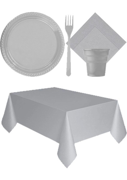 Gümüş Renk 25 Kişilik Plastik Tabak Bardak Çatal Peçete Masa Örtüsü