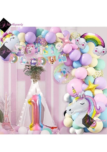 1 Yaş Karakterli Unicorn Temalı Iyi Ki Doğdun Makaron Balon Doğum Günü Parti Kutlama Seti