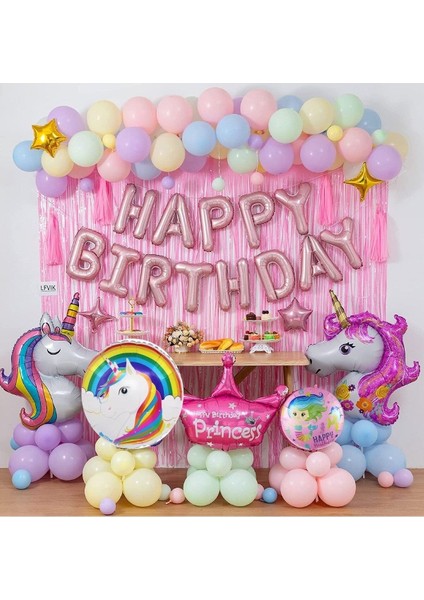 Lüks Unicorn Pembe Doğum Günü Süsü, Unicorn Folyo Balonlar Dolu Dolu Doğum Günü Parti Seti