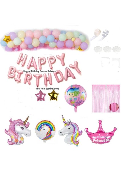 Lüks Unicorn Pembe Doğum Günü Süsü, Unicorn Folyo Balonlar Dolu Dolu Doğum Günü Parti Seti